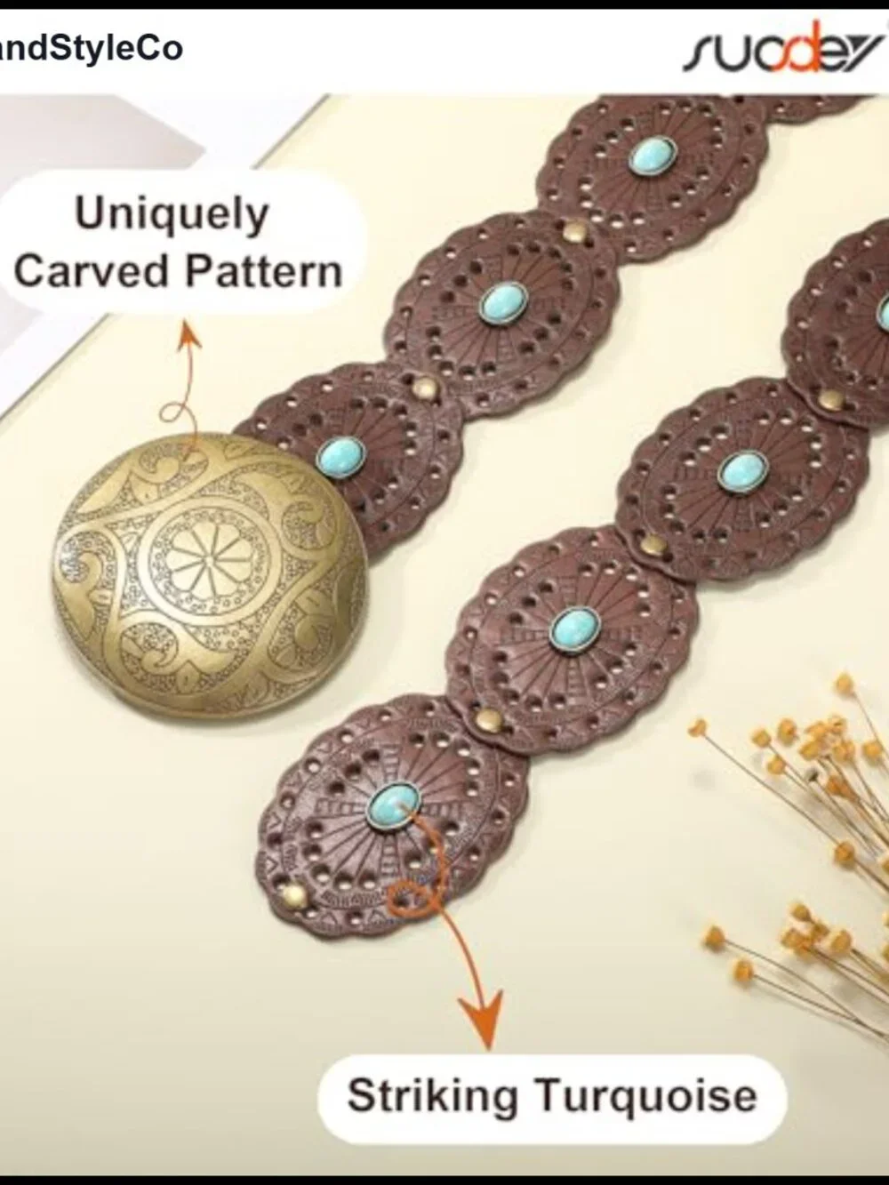 Western Disc Belt with Turquoise PU Leather Cowgirl Belt for Women